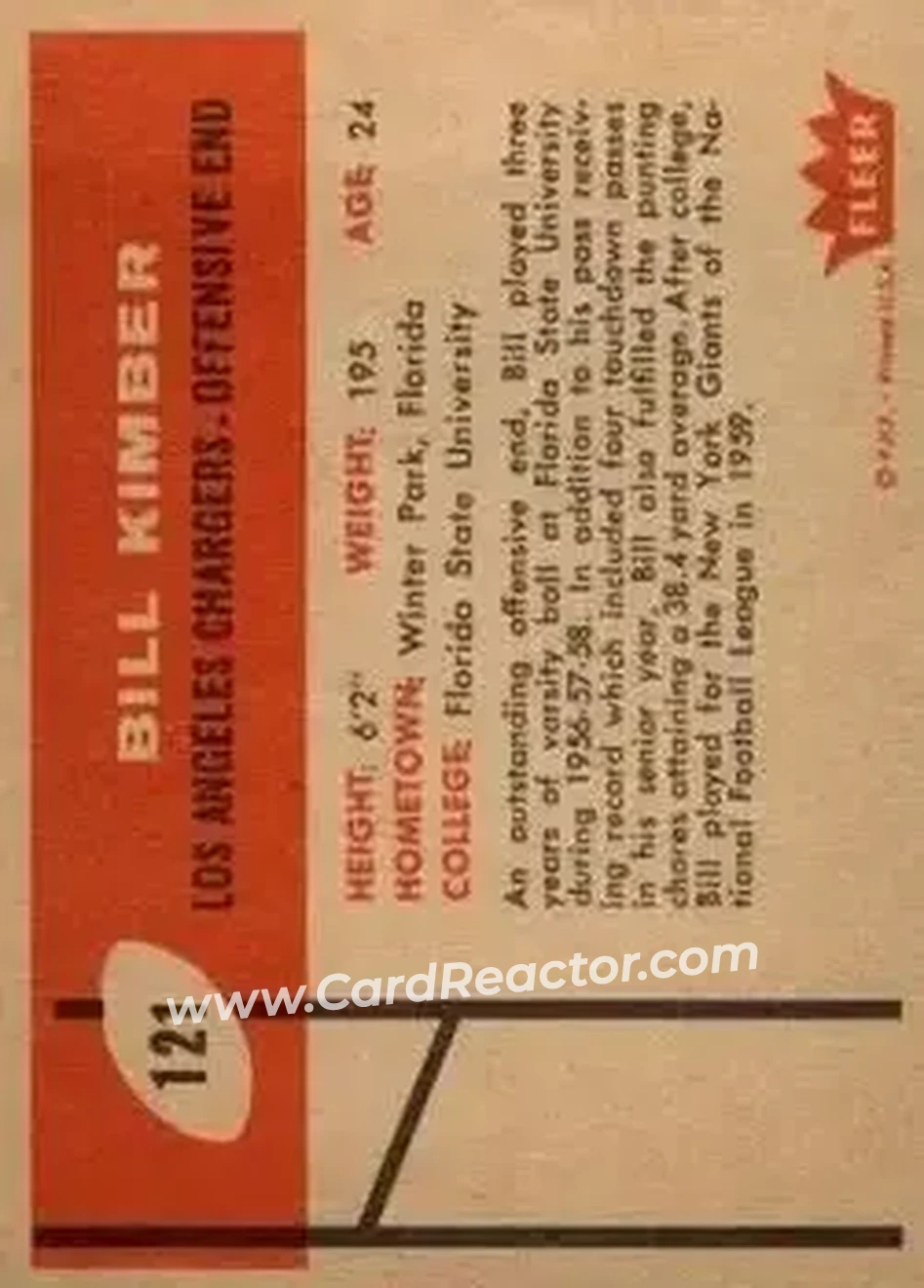 1960 Fleer #121 - Bill Kimber - Los Angeles Chargers - Back