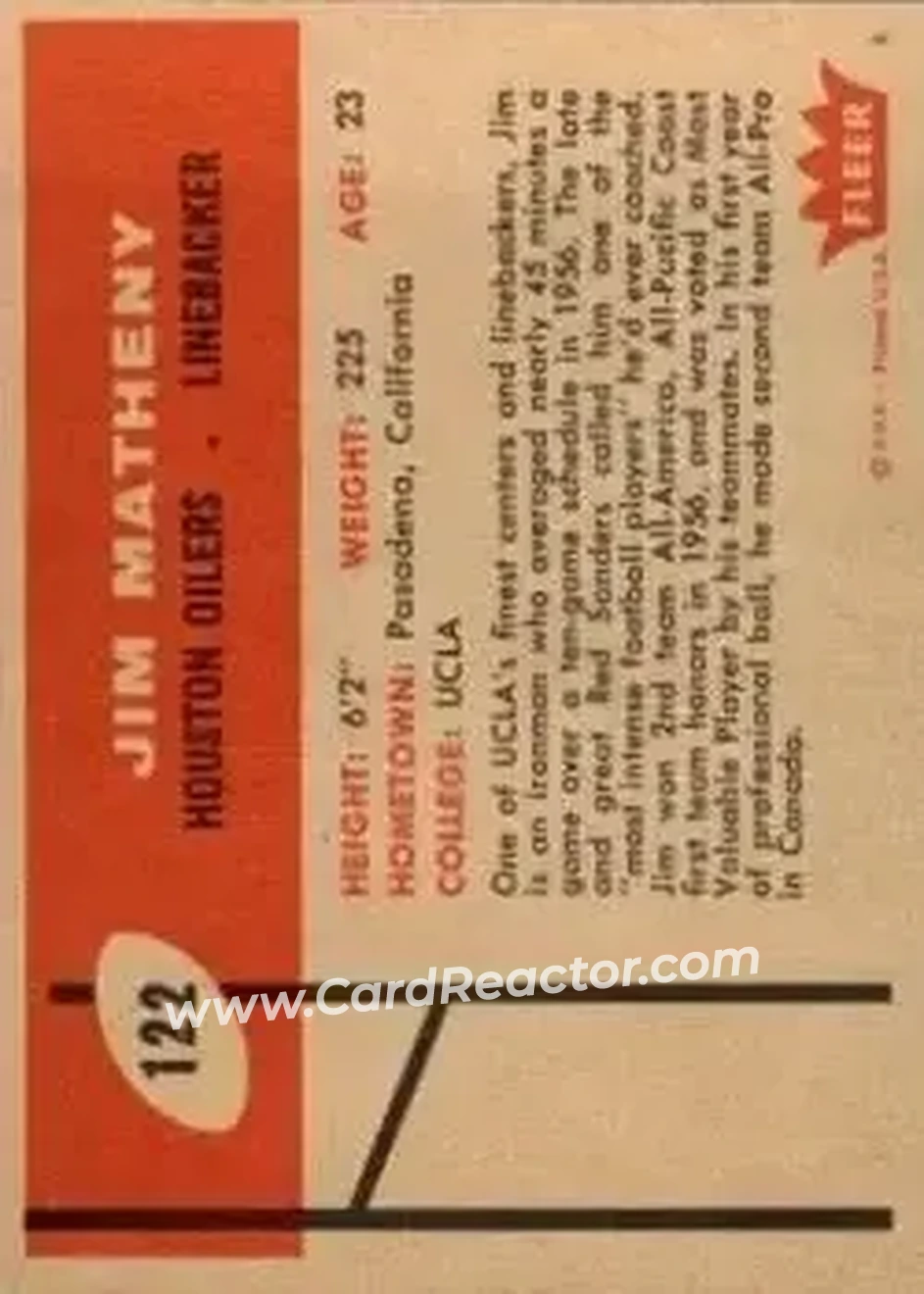 1960 Fleer #122 - Jim Matheny - Houston Oilers - Back