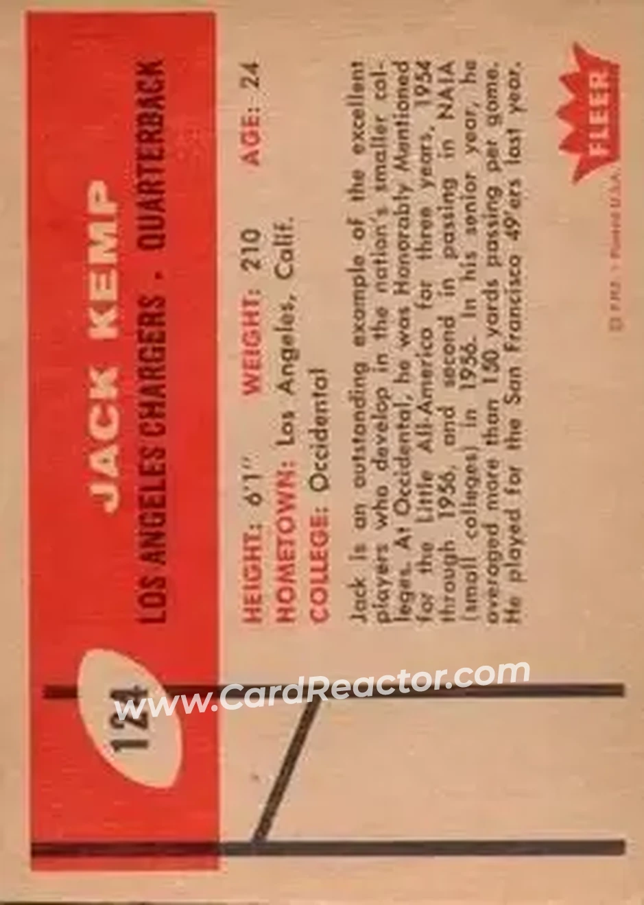 1960 Fleer #124 - Jack Kemp - Los Angeles Chargers - Back