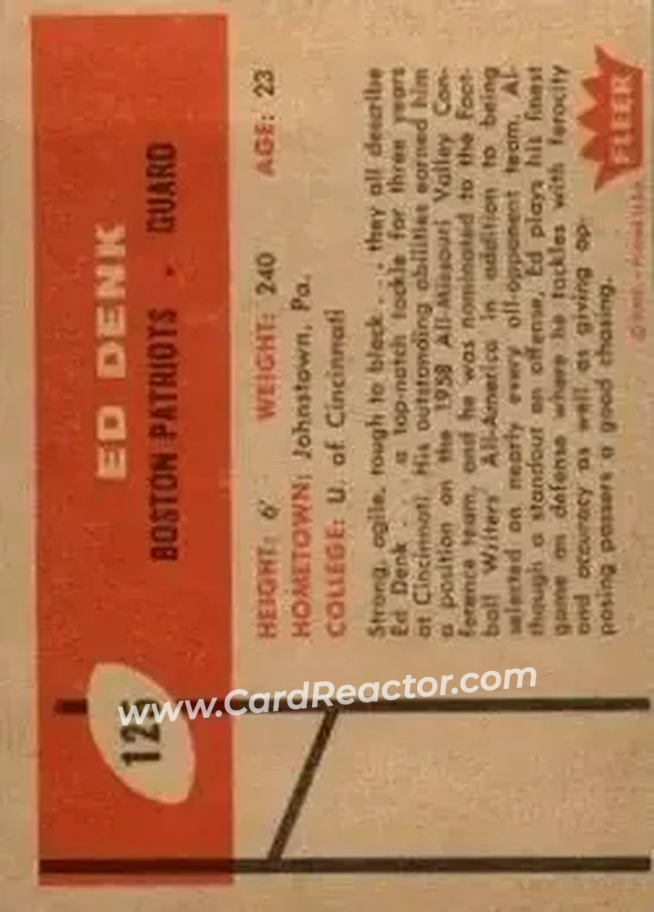 1960 Fleer #125 - Ed Denk - Boston Patriots - Back