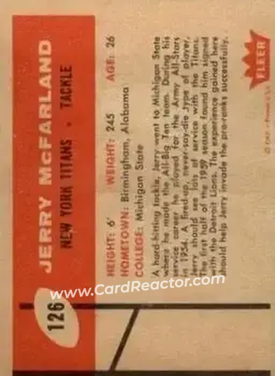 1960 Fleer #126 - Jerry McFarland - New York Titans - Back