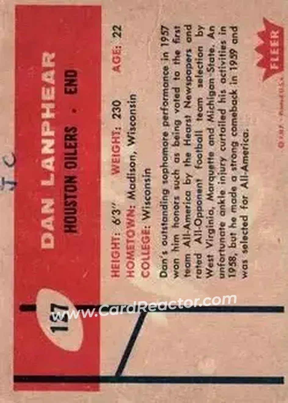 1960 Fleer #127 - Dan Lanphear - Houston Oilers - Back