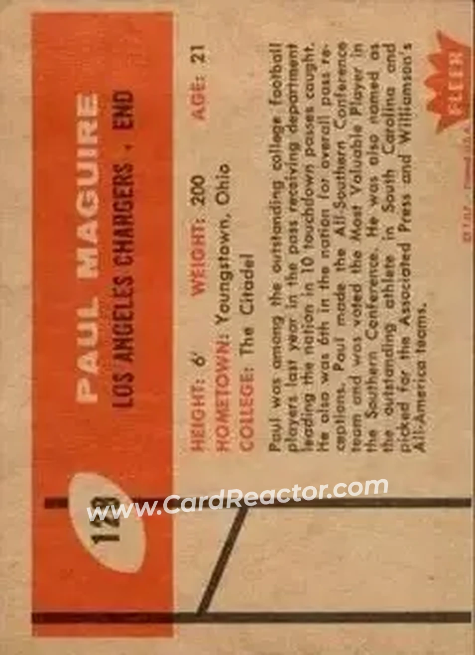 1960 Fleer #128 - Paul Maguire - Los Angeles Chargers - Back