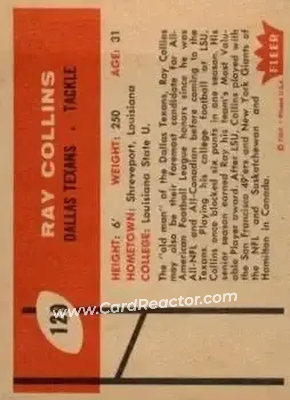 1960 Fleer #129 - Ray Collins - Dallas Texans - Back