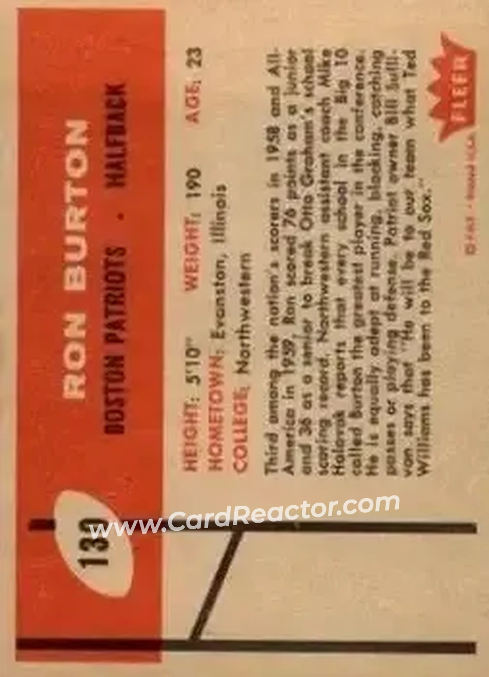 1960 Fleer #130 - Ron Burton - Boston Patriots - Back