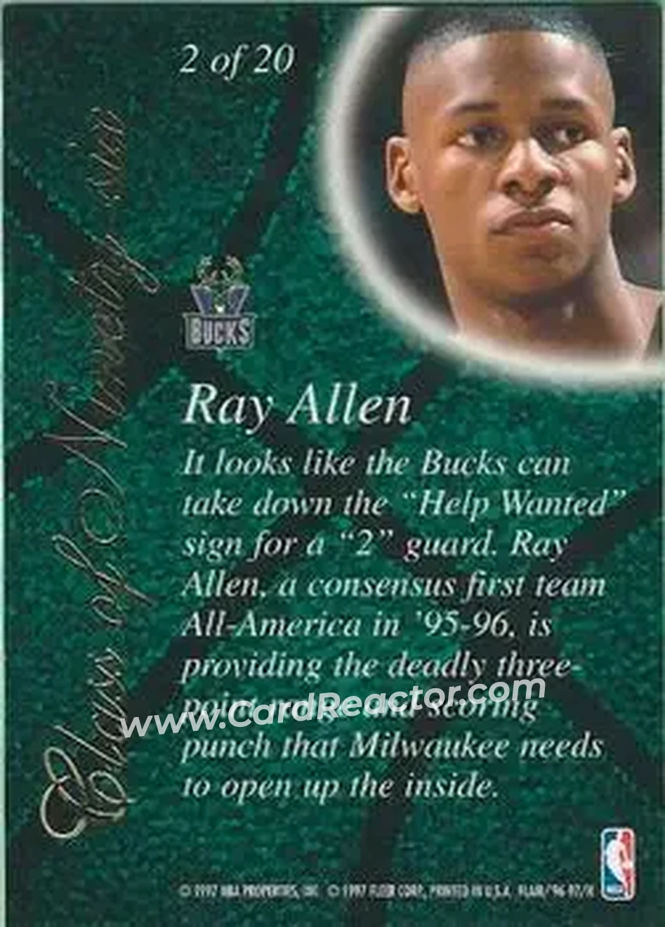 1996-97 Flair Showcase - Class of '96 #2 - Ray Allen - Milwaukee Bucks - Back