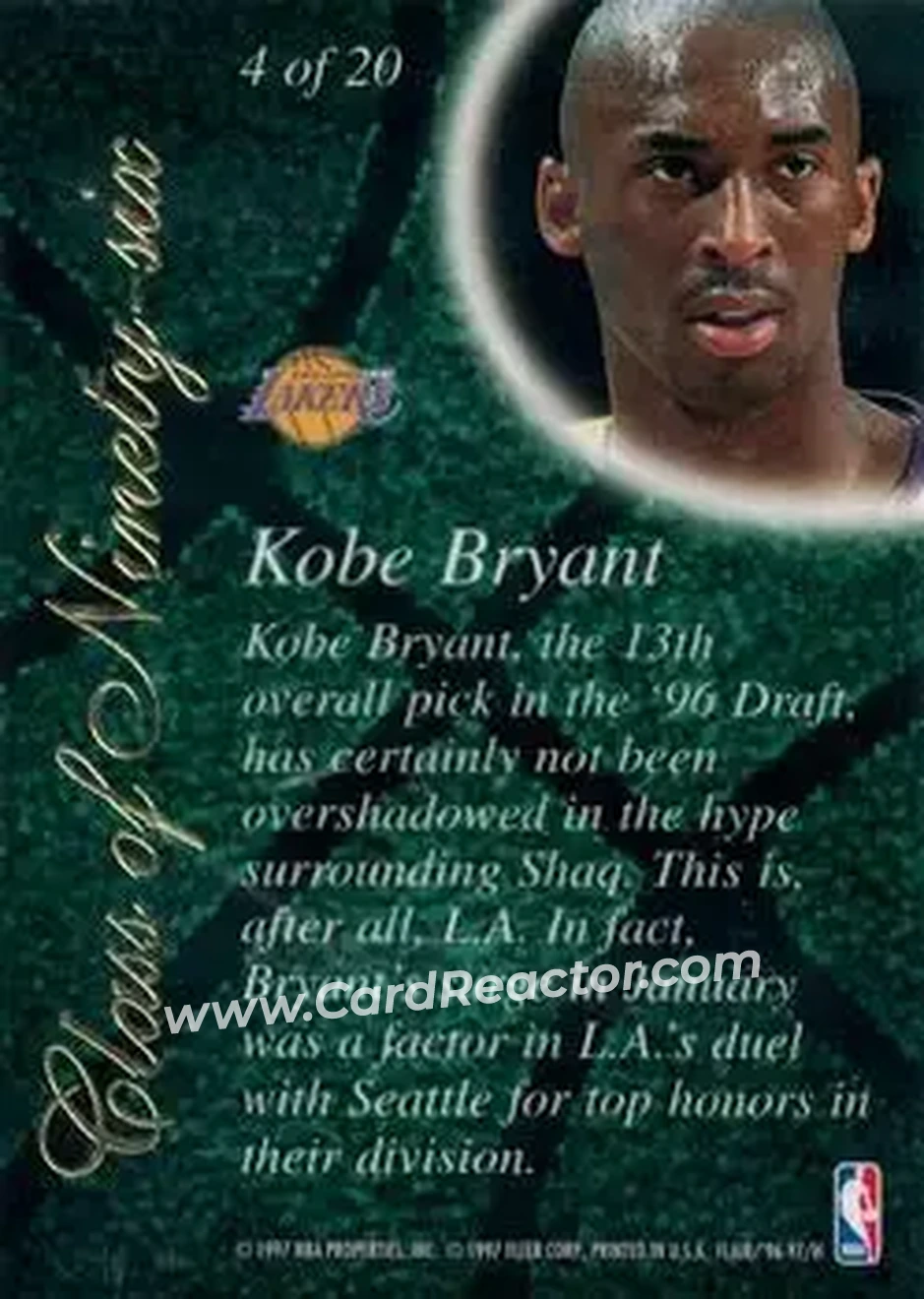 1996-97 Flair Showcase - Class of '96 #4 - Kobe Bryant - Los Angeles Lakers - Back