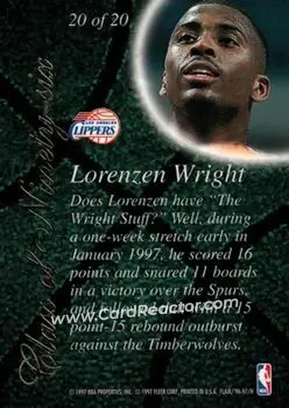 1996-97 Flair Showcase - Class of '96 #20 - Lorenzen Wright - Los Angeles Clippers - Back
