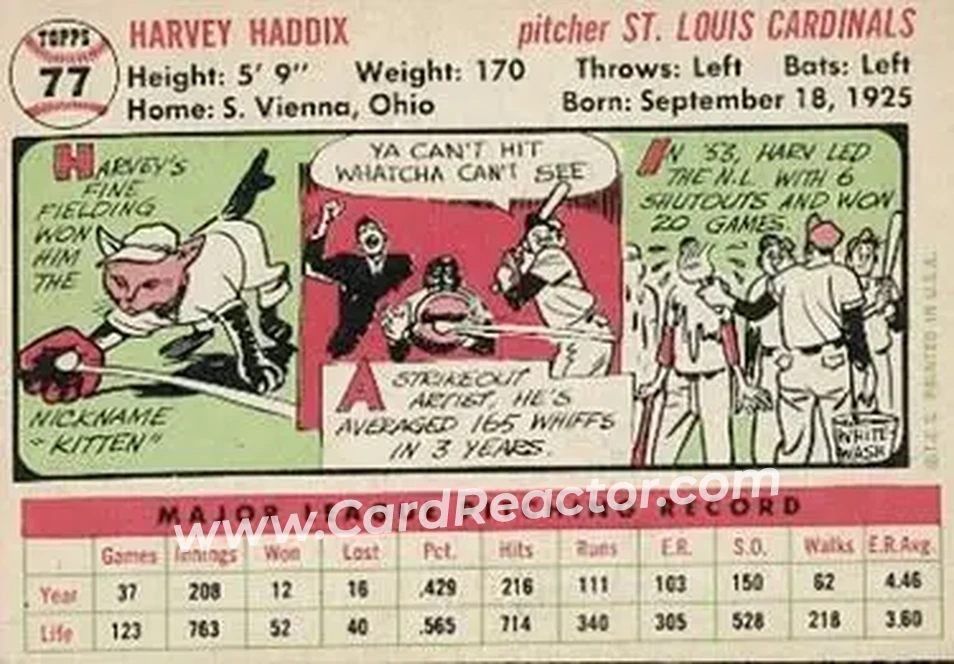 1956 Topps #77 - Harvey Haddix - St. Louis Cardinals - Back