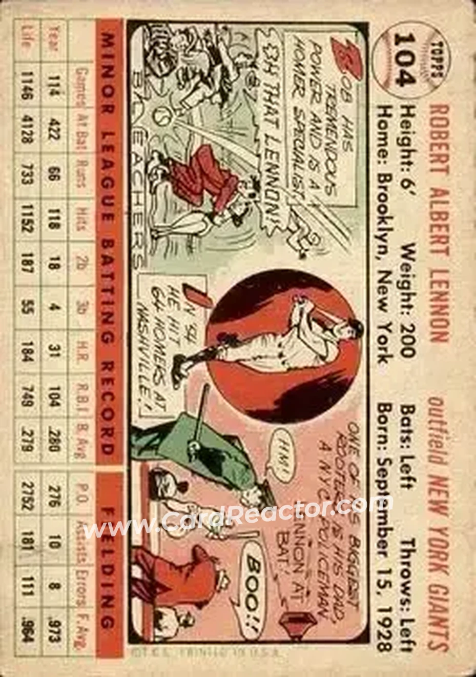 1956 Topps #104 - Bob Lennon - New York Giants - Back