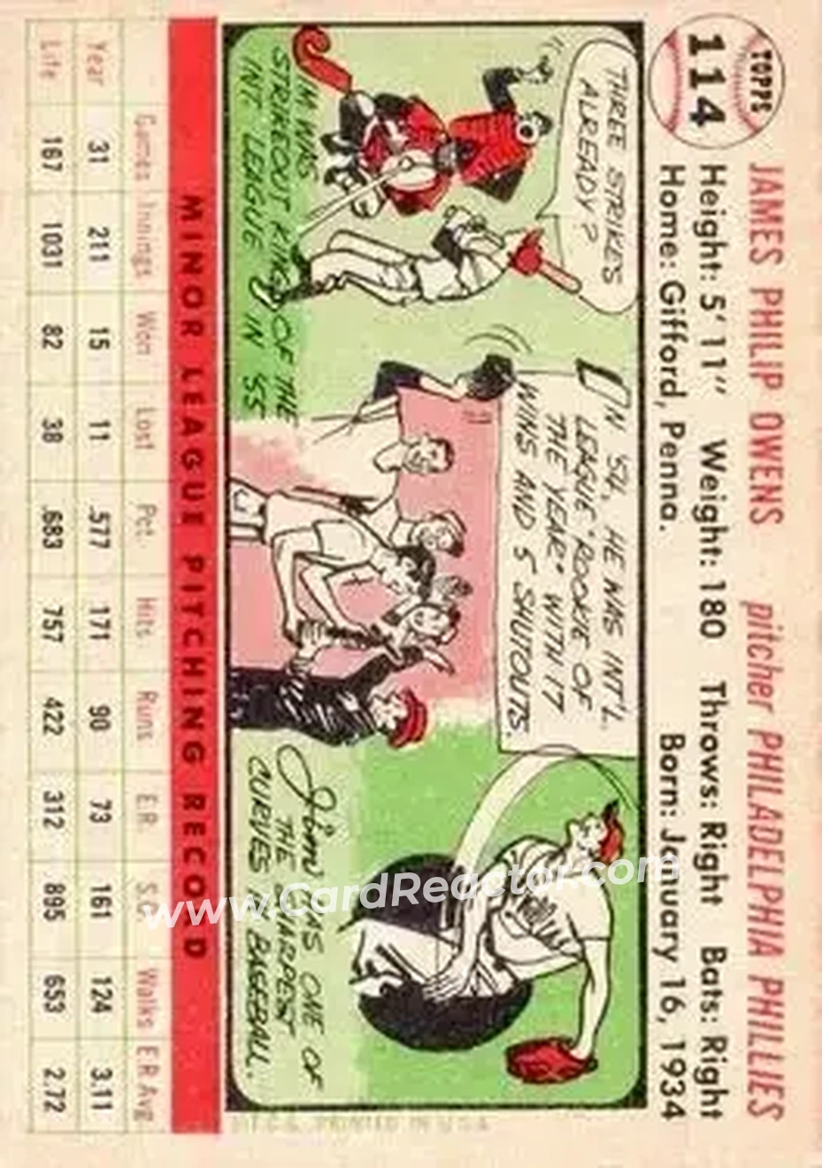 1956 Topps #114 - Jim Owens - Philadelphia Phillies - Back