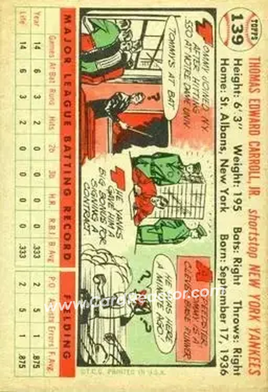 1956 Topps #139 - Tommy Carroll - New York Yankees - Back