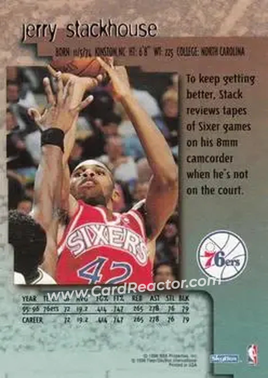 1996-97 SkyBox Premium - Single Promos #NNO - Jerry Stackhouse PROMO Philadelphia 76ers - Back