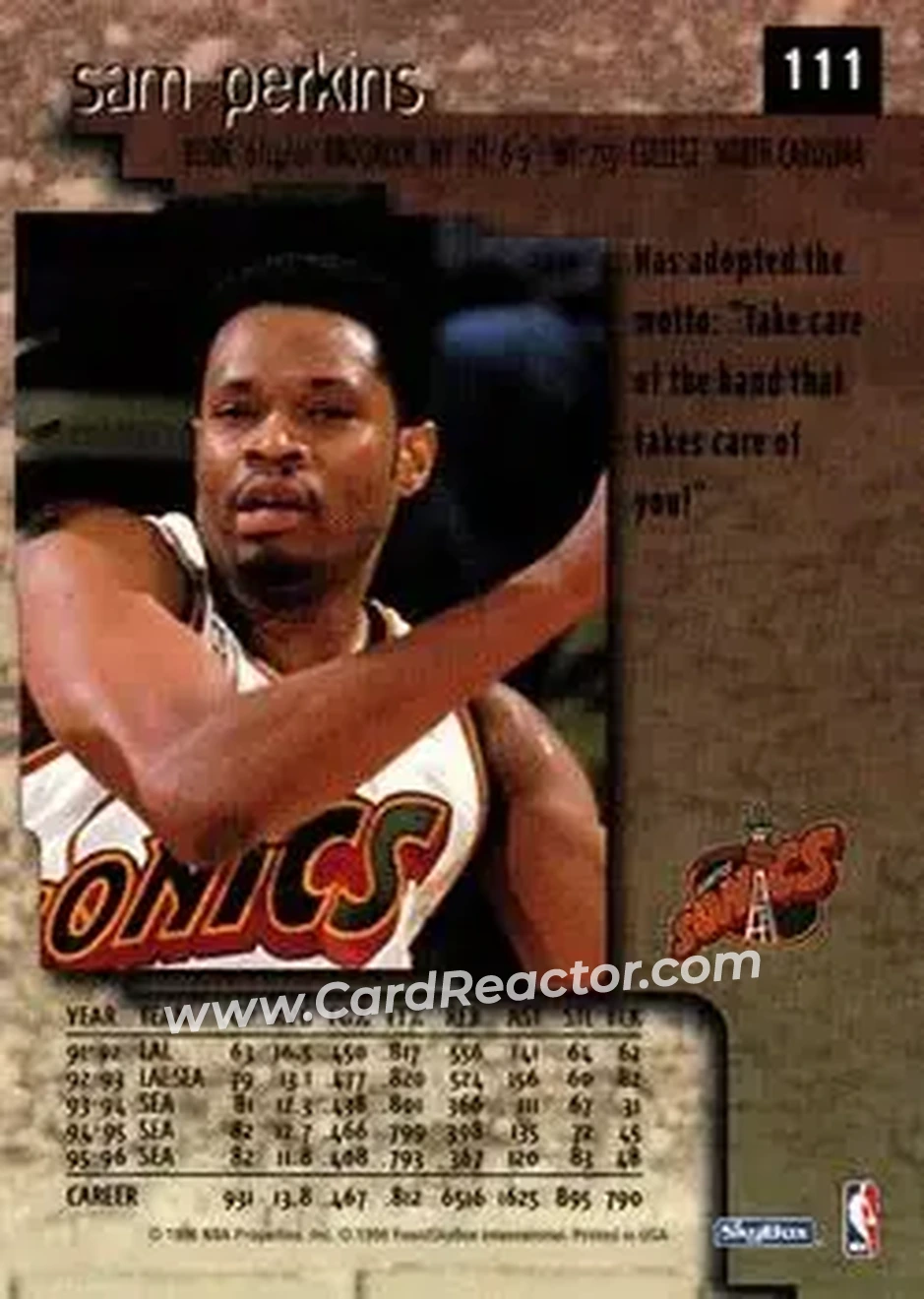 1996-97 SkyBox Premium #111 - Sam Perkins - Seattle SuperSonics - Back 1996-97 SkyBox Premium #111 - Sam Perkins - Seattle SuperSonics - Back