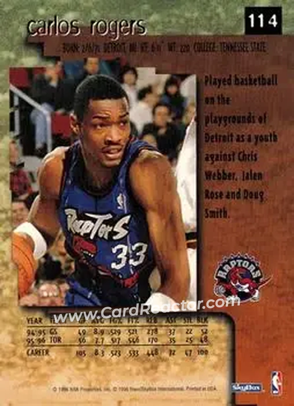 1996-97 SkyBox Premium #114 - Carlos Rogers - Toronto Raptors - Back