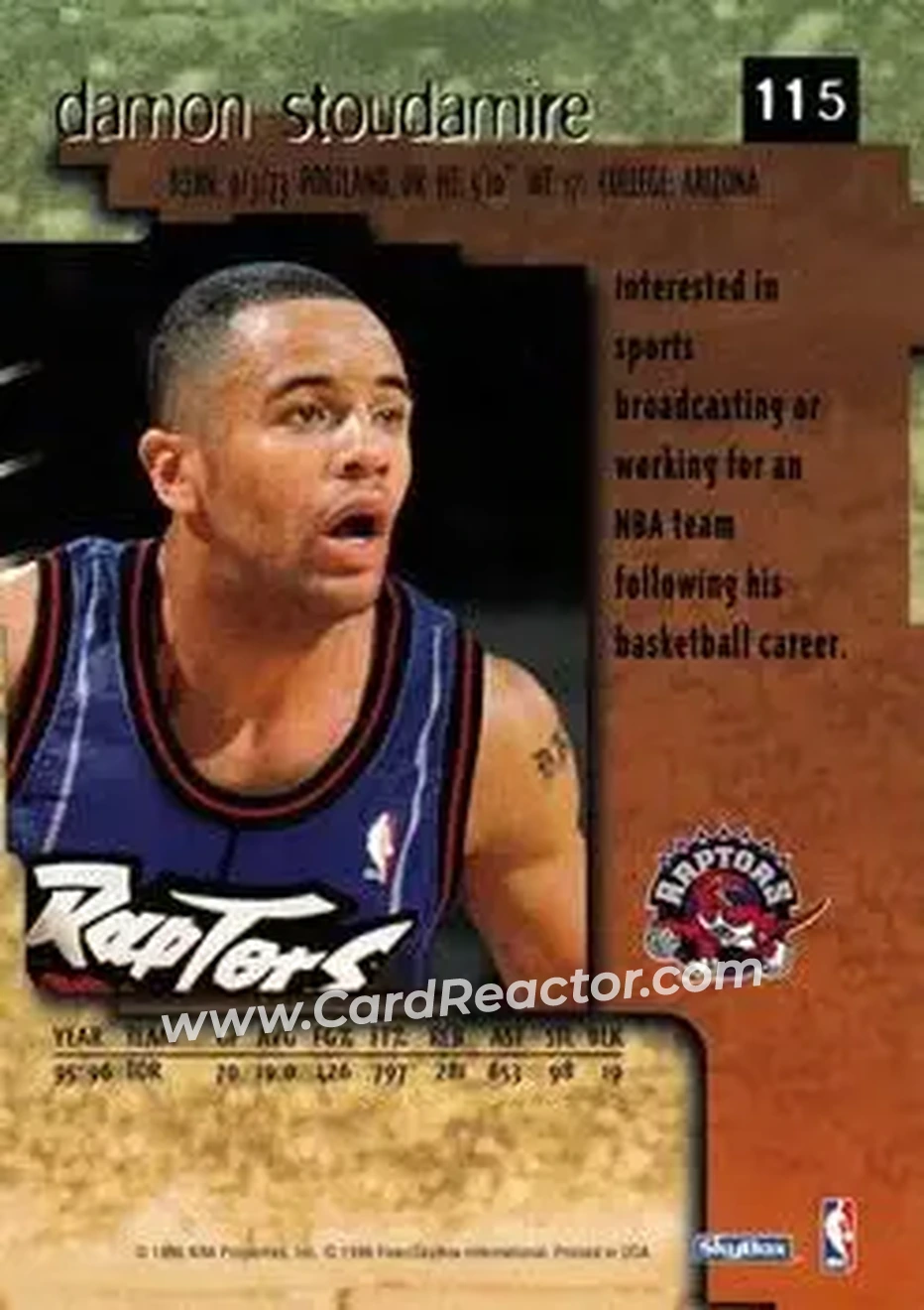 1996-97 SkyBox Premium #115 - Damon Stoudamire - Toronto Raptors - Back