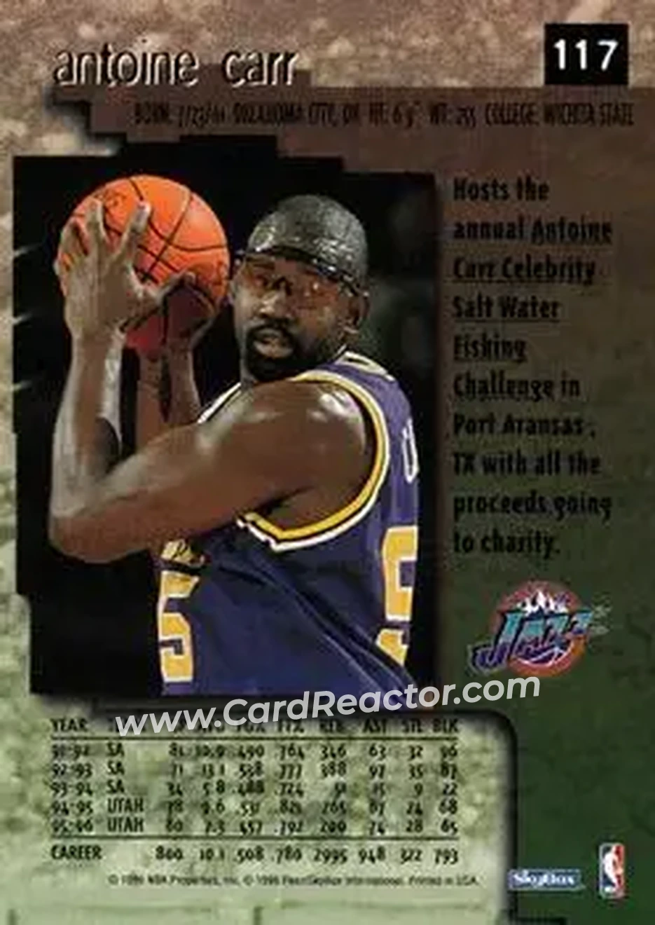1996-97 SkyBox Premium #117 - Antoine Carr - Utah Jazz - Back
