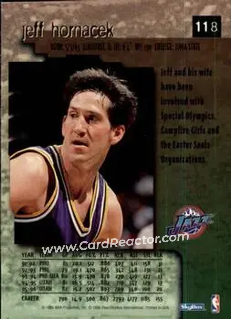 1996-97 SkyBox Premium #118 - Jeff Hornacek - Utah Jazz - Back