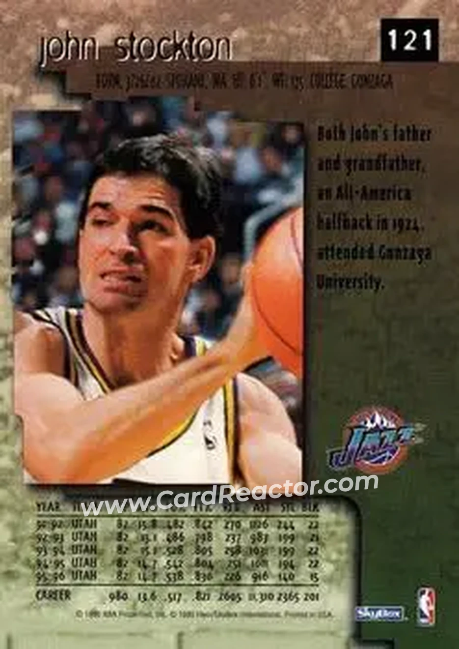 1996-97 SkyBox Premium #121 - John Stockton - Utah Jazz - Back