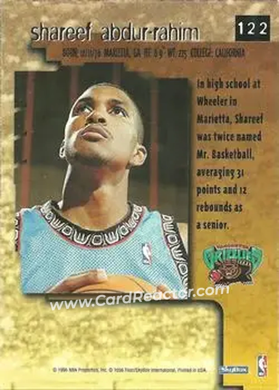 1996-97 SkyBox Premium #122 - Shareef Abdur-Rahim - Vancouver Grizzlies - Back