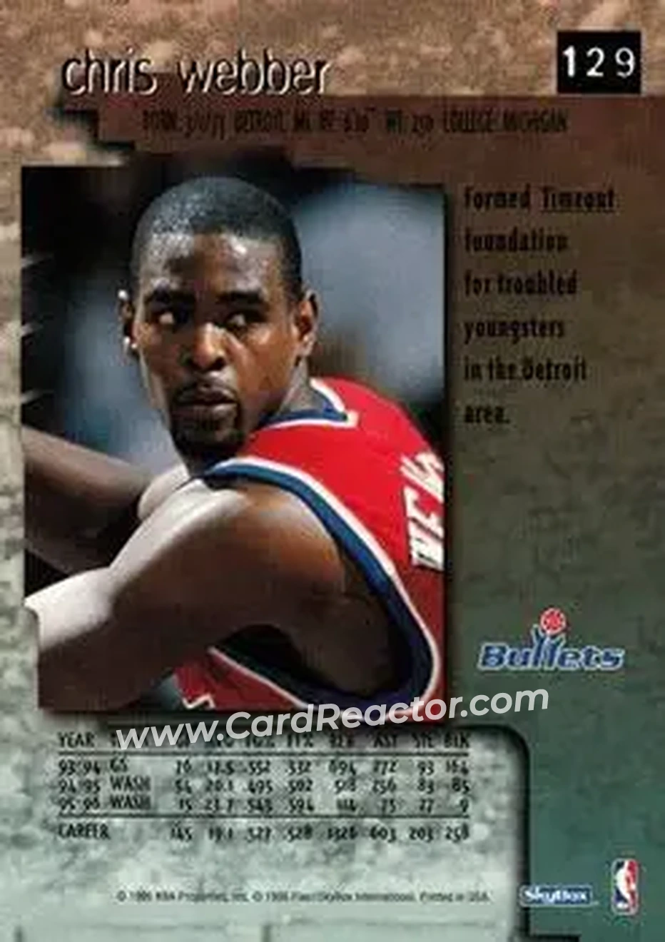 1996-97 SkyBox Premium #129 - Chris Webber - Washington Bullets - Back 1996-97 SkyBox Premium #129 - Chris Webber - Washington Bullets - Back