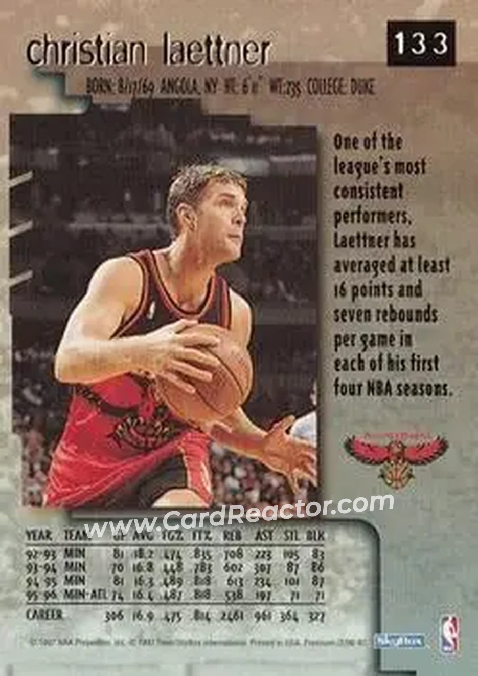 1996-97 SkyBox Premium #133 - Christian Laettner - Atlanta Hawks - Back