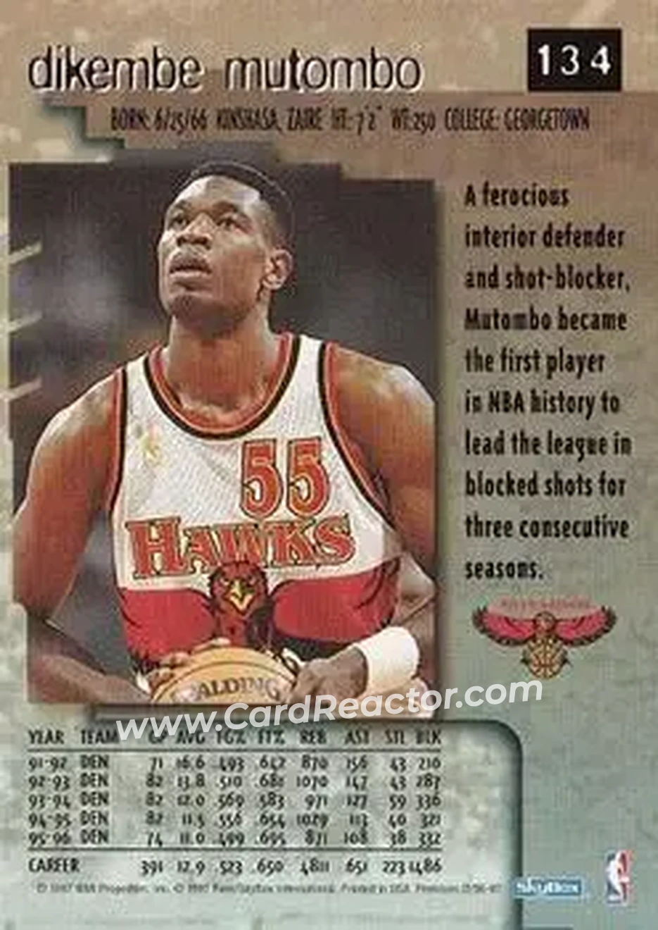 1996-97 SkyBox Premium #134 - Dikembe Mutombo - Atlanta Hawks - Back 1996-97 SkyBox Premium #134 - Dikembe Mutombo - Atlanta Hawks - Back