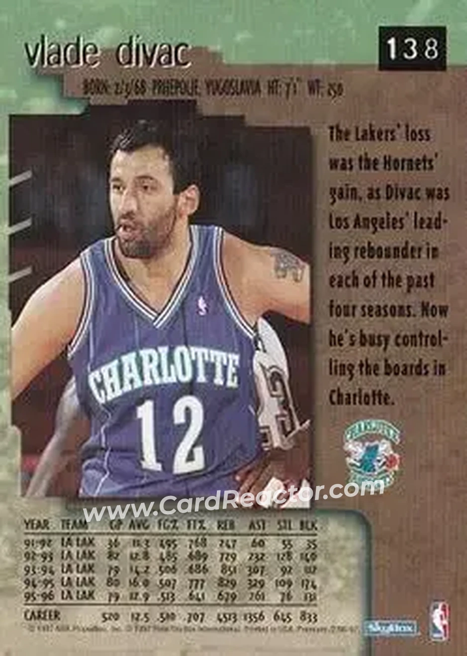 1996-97 SkyBox Premium #138 - Vlade Divac - Charlotte Hornets - Back