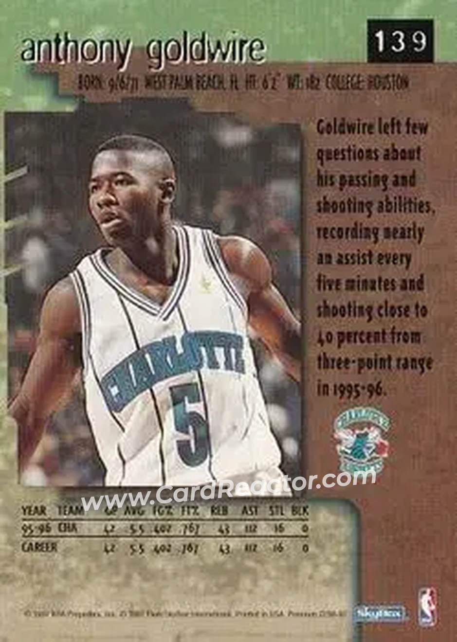 1996-97 SkyBox Premium #139 - Anthony Goldwire - Charlotte Hornets - Back