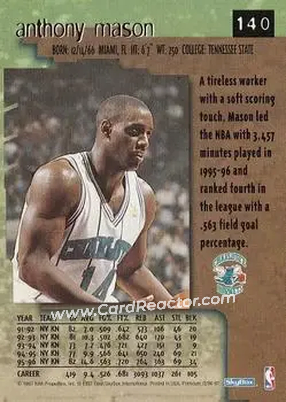 1996-97 SkyBox Premium #140 - Anthony Mason - Charlotte Hornets - Back