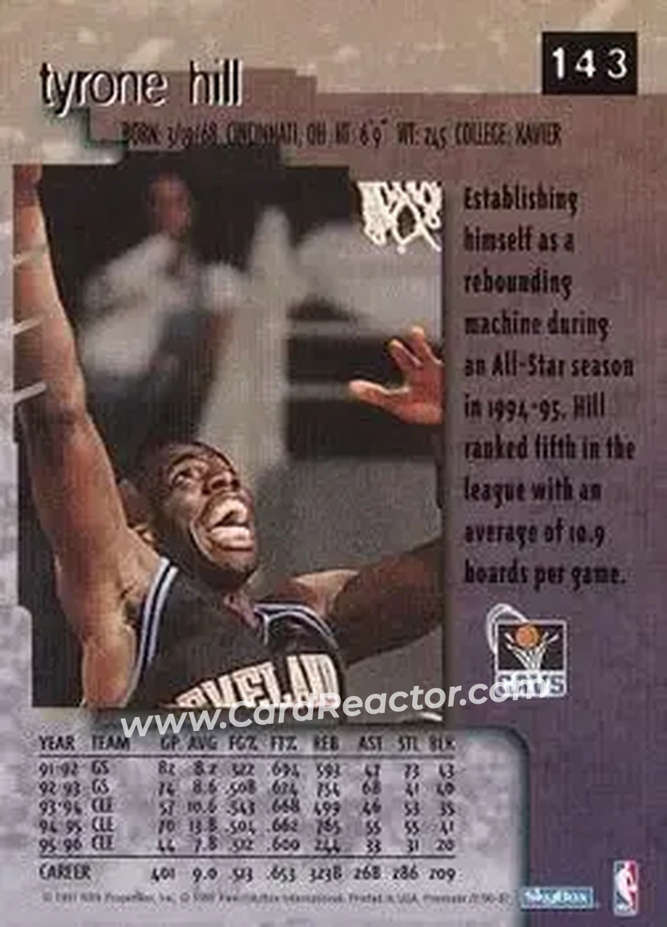 1996-97 SkyBox Premium #143 - Tyrone Hill - Cleveland Cavaliers - Back