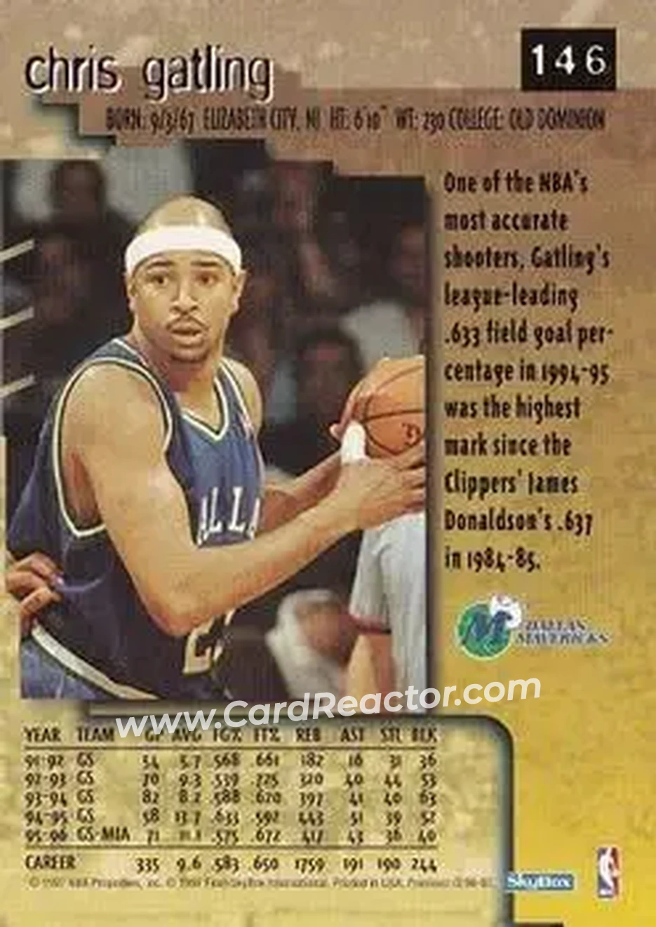 1996-97 SkyBox Premium #146 - Chris Gatling - Dallas Mavericks - Back