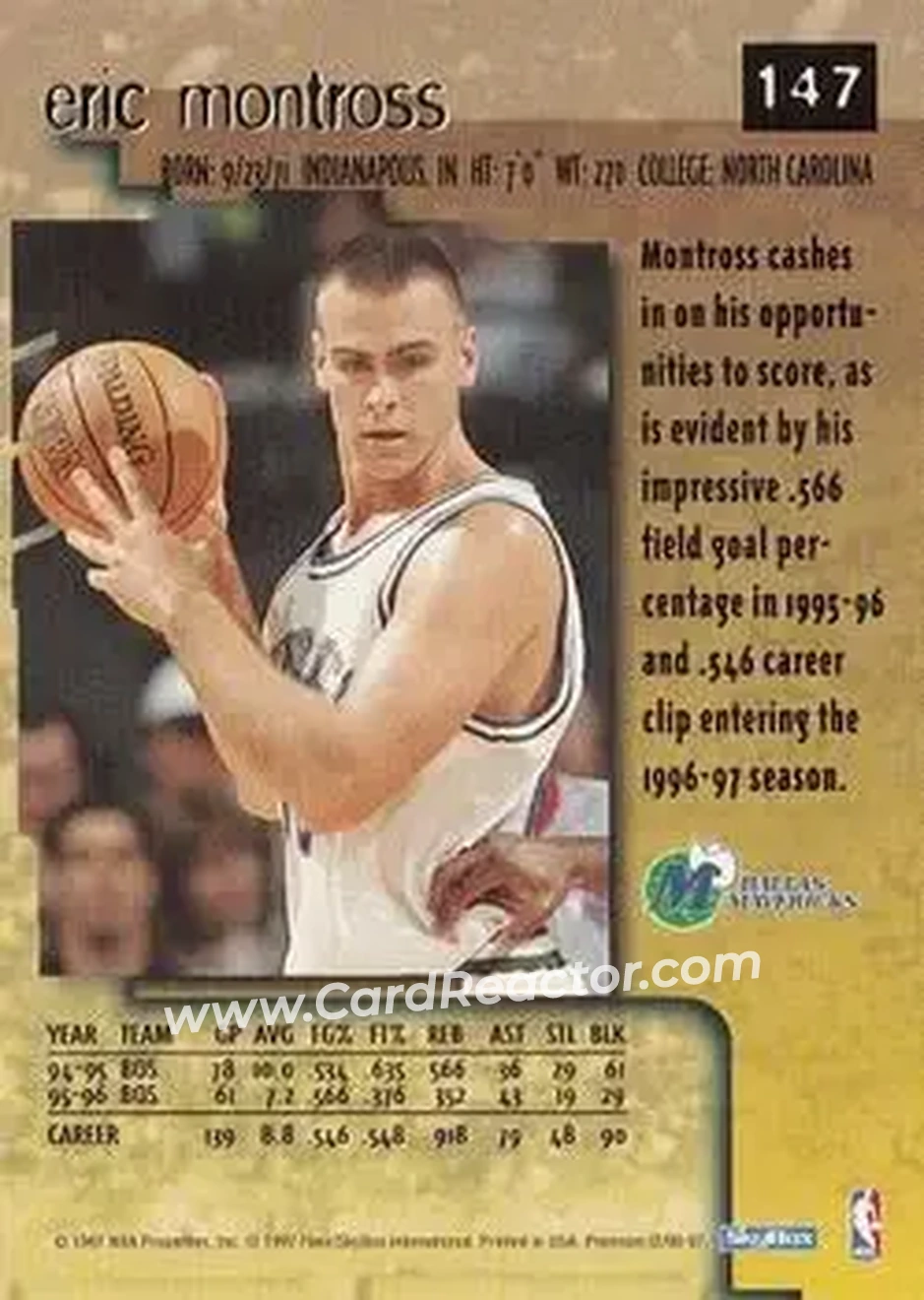 1996-97 SkyBox Premium #147 - Eric Montross - Dallas Mavericks - Back