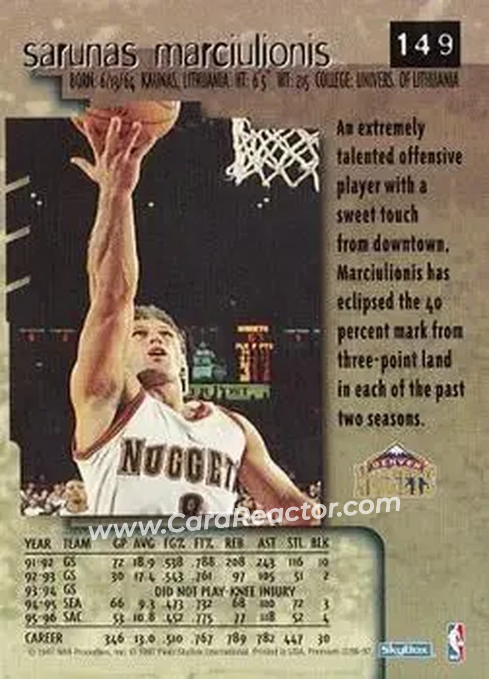 1996-97 SkyBox Premium #149 - Šarūnas Marčiulionis - Denver Nuggets - Back