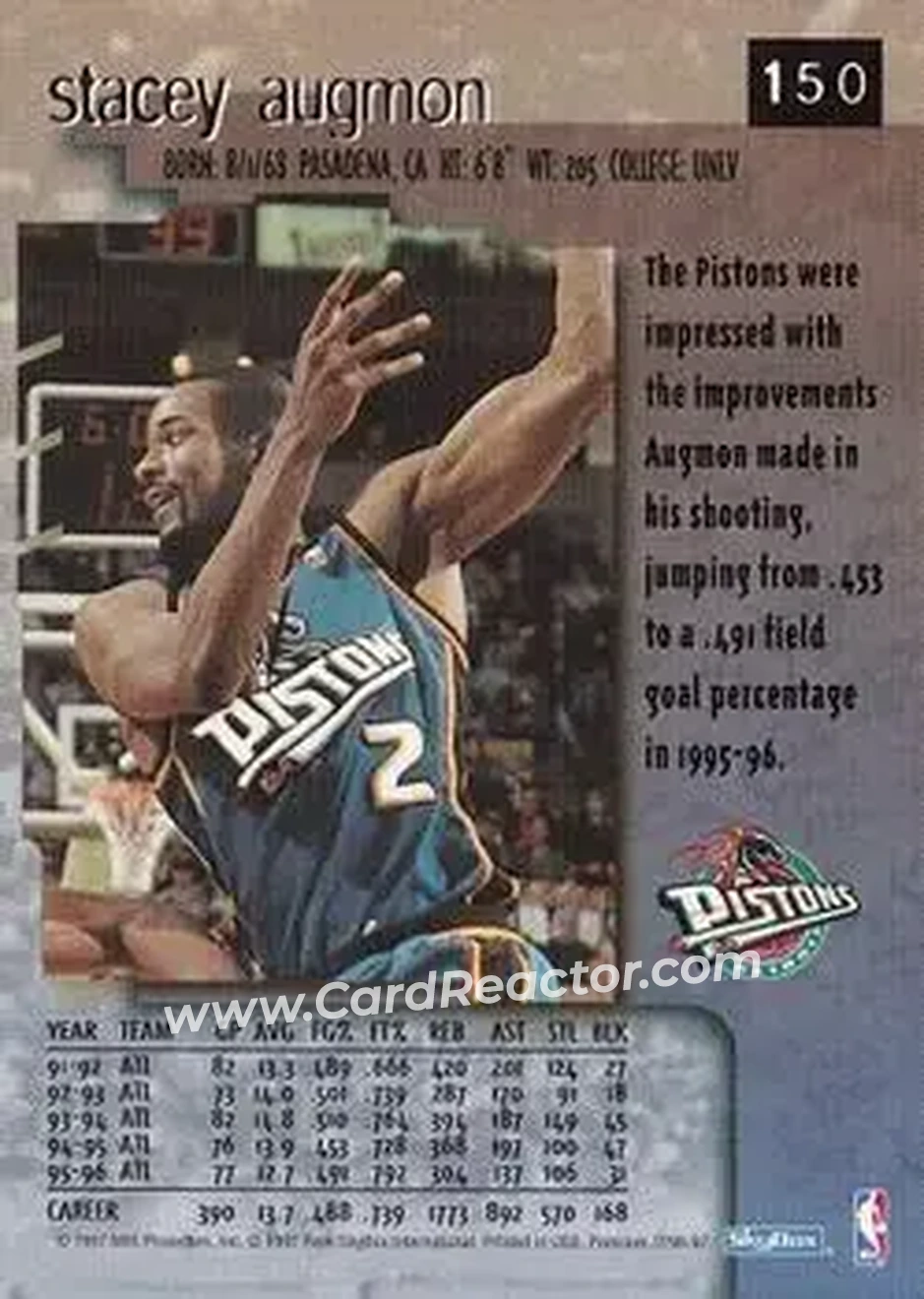 1996-97 SkyBox Premium #150 - Stacey Augmon - Detroit Pistons - Back
