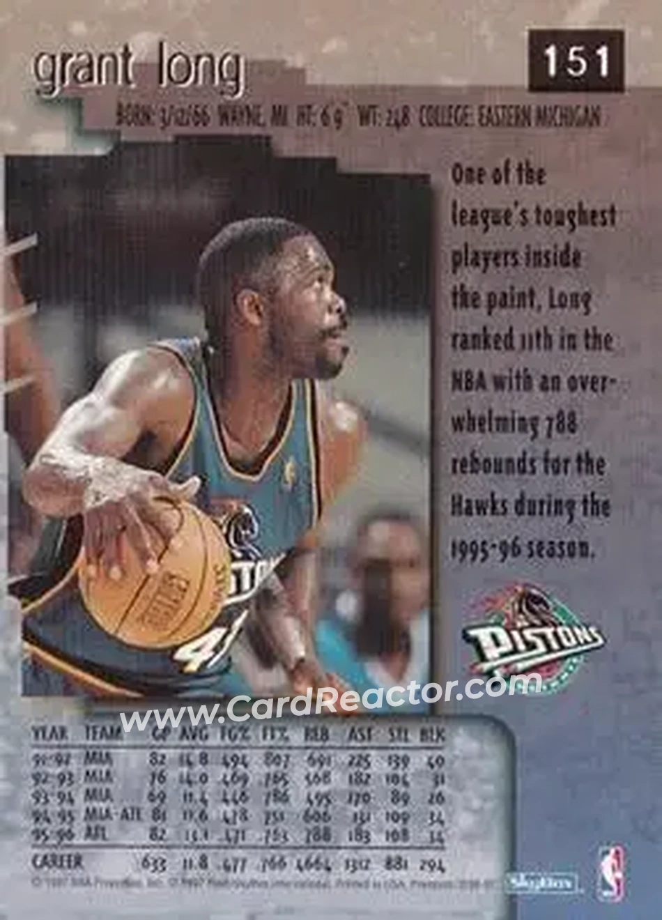 1996-97 SkyBox Premium #151 - Grant Long - Detroit Pistons - Back