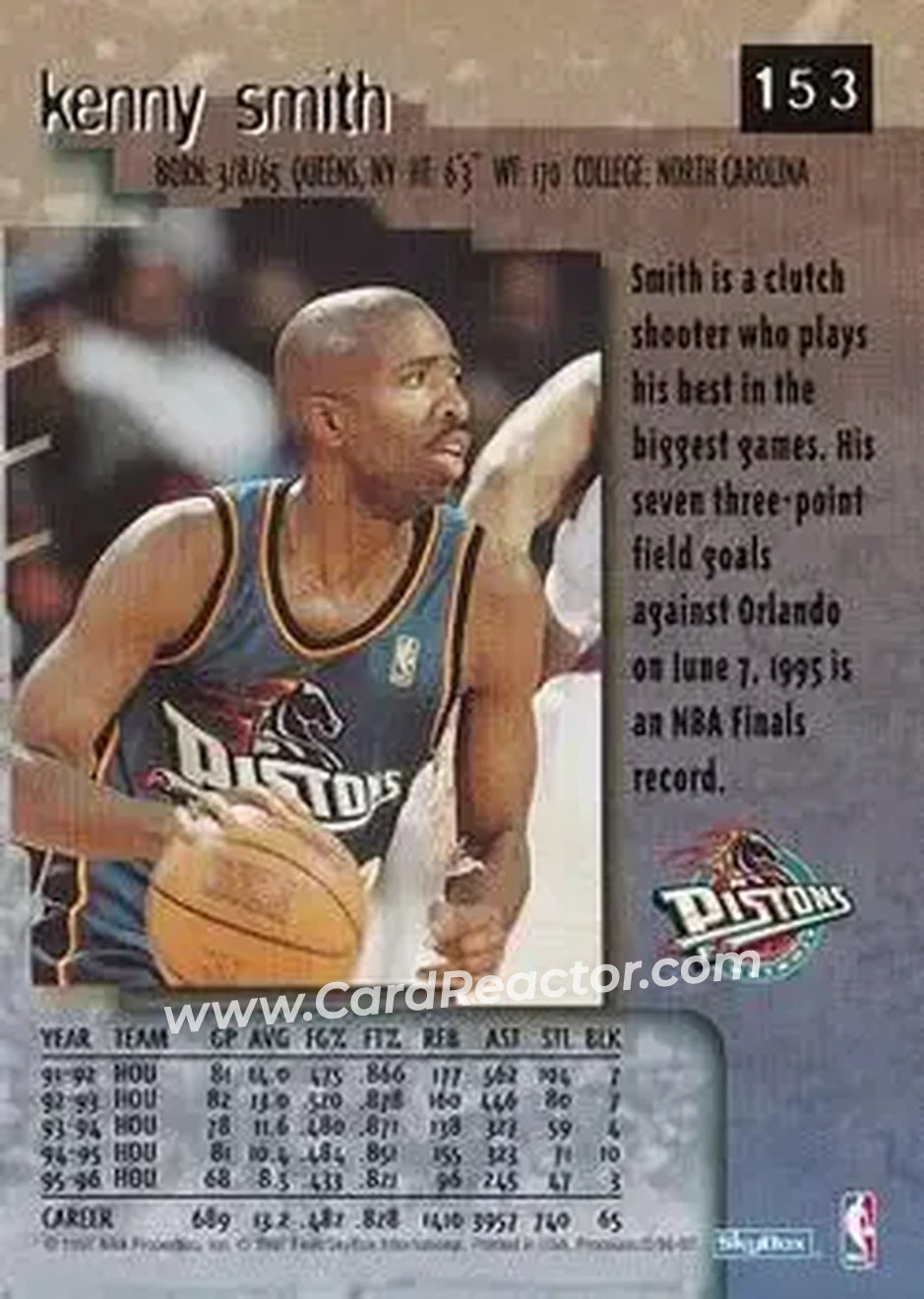 1996-97 SkyBox Premium #153 - Kenny Smith - Detroit Pistons - Back