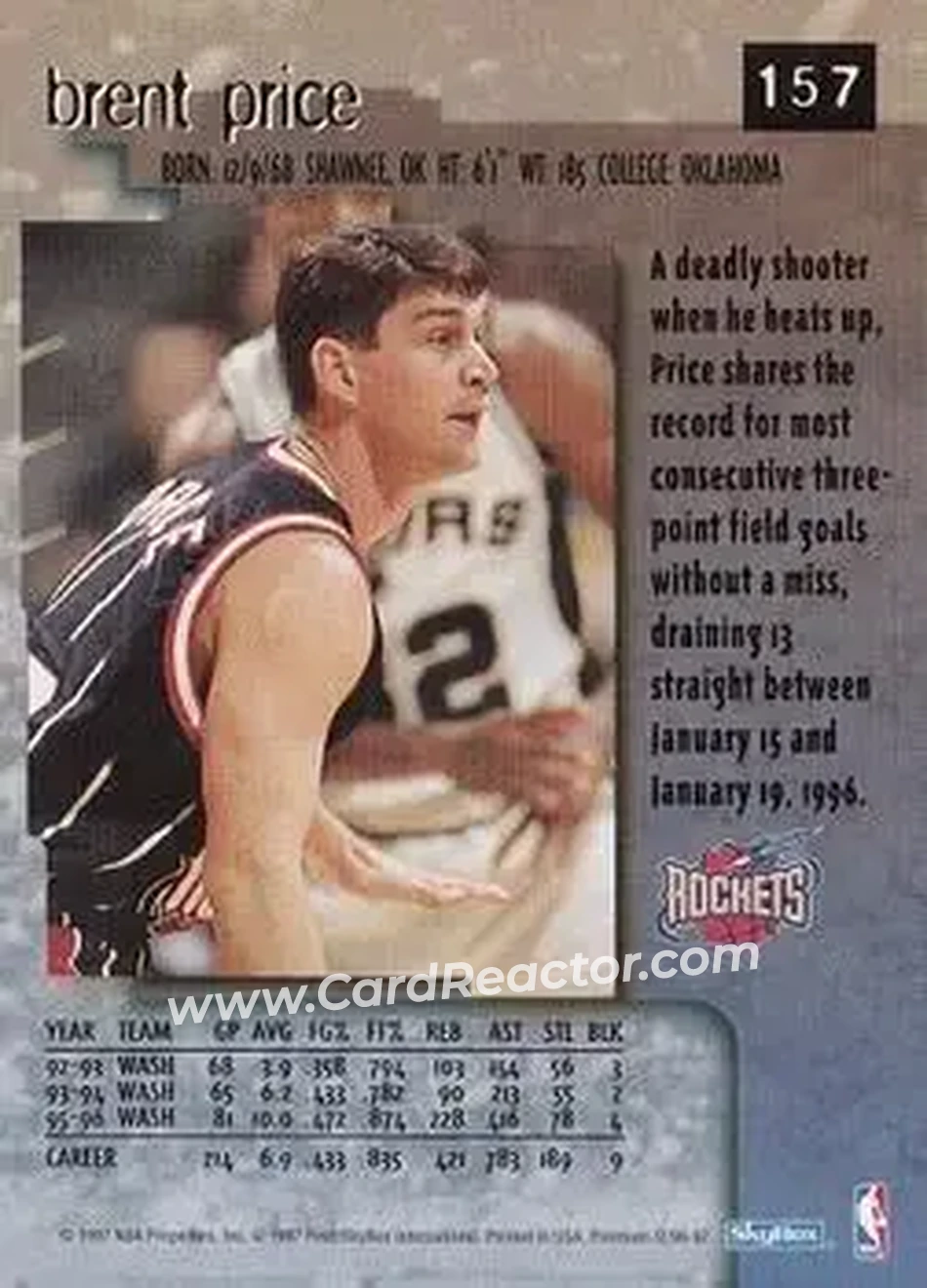 1996-97 SkyBox Premium #157 - Brent Price - Houston Rockets - Back