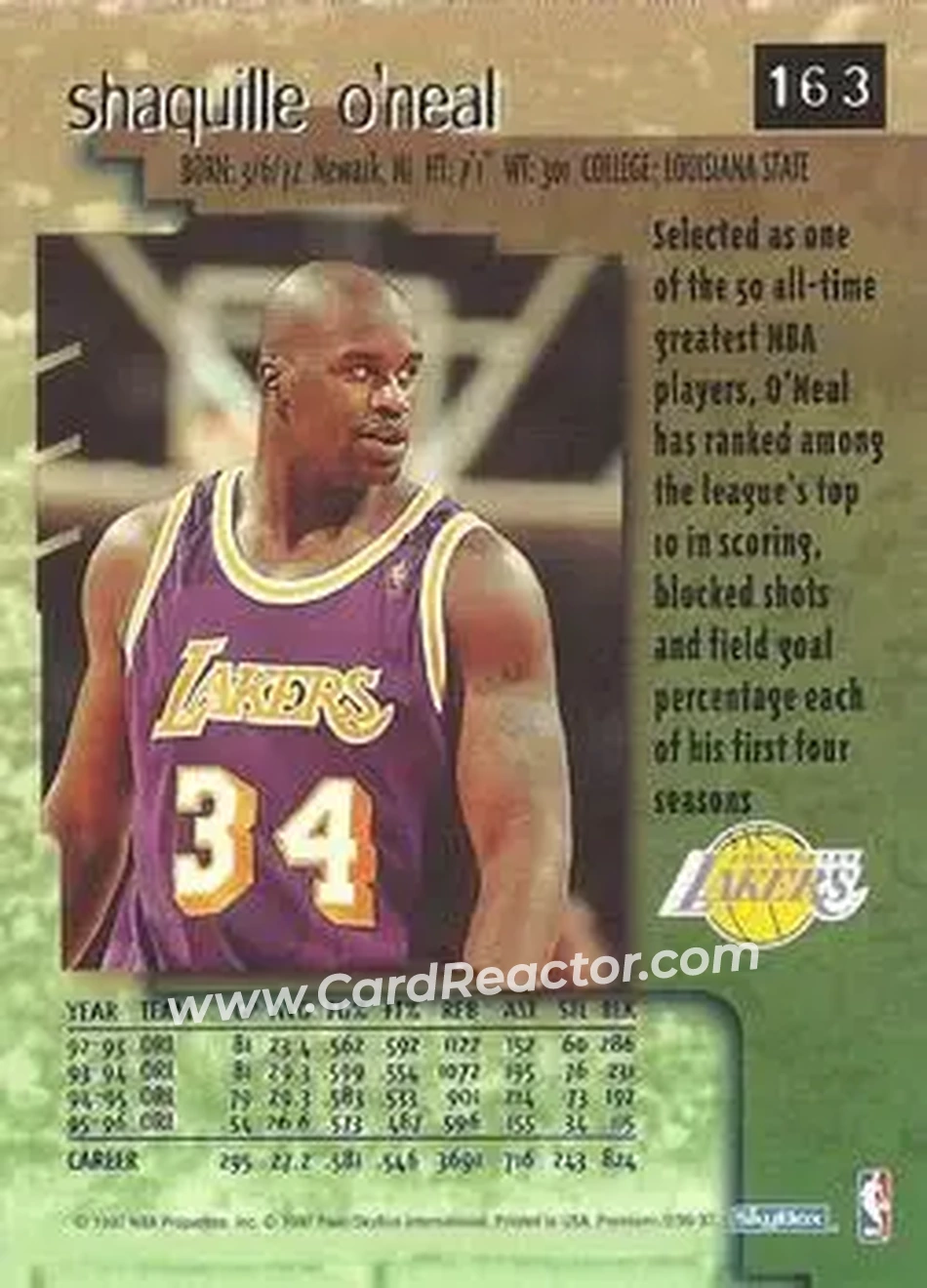 1996-97 SkyBox Premium #163 - Shaquille O'Neal - Los Angeles Lakers - Back
