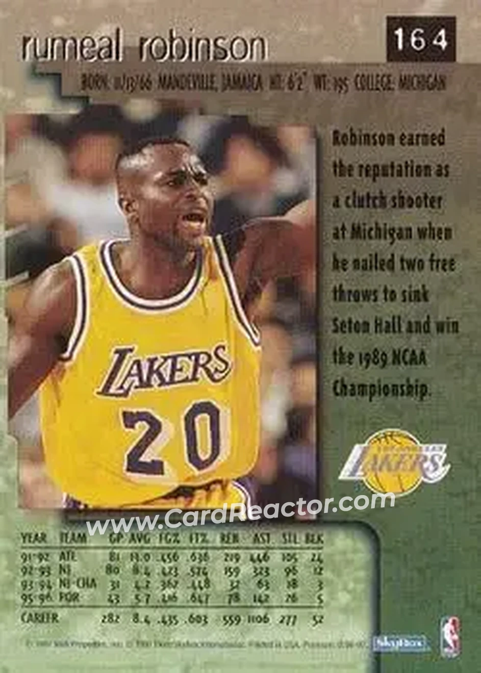 1996-97 SkyBox Premium #164 - Rumeal Robinson - Los Angeles Lakers - Back