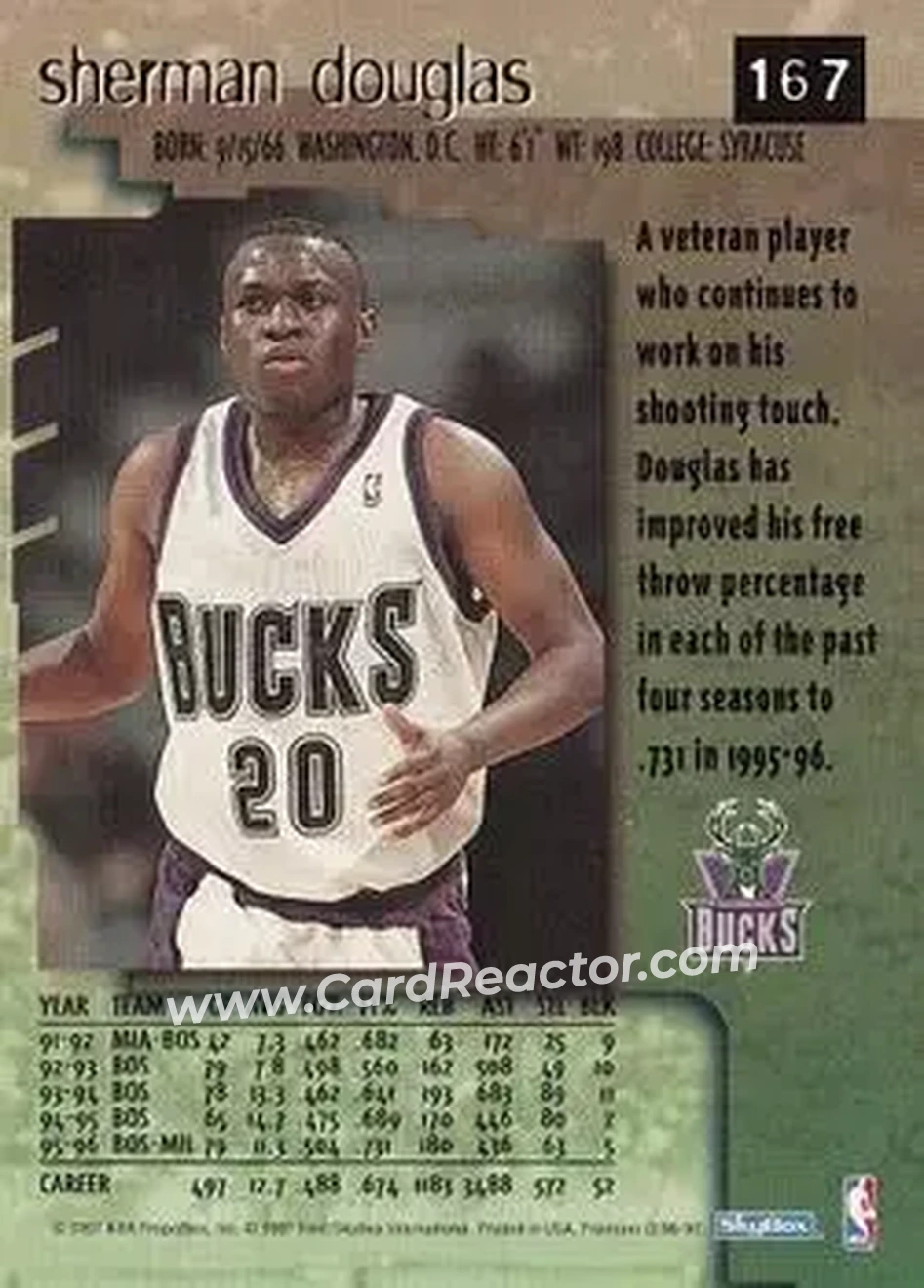 1996-97 SkyBox Premium #167 - Sherman Douglas - Milwaukee Bucks - Back