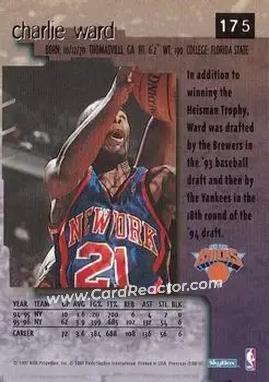 1996-97 SkyBox Premium #175 - Charlie Ward - New York Knicks - Back