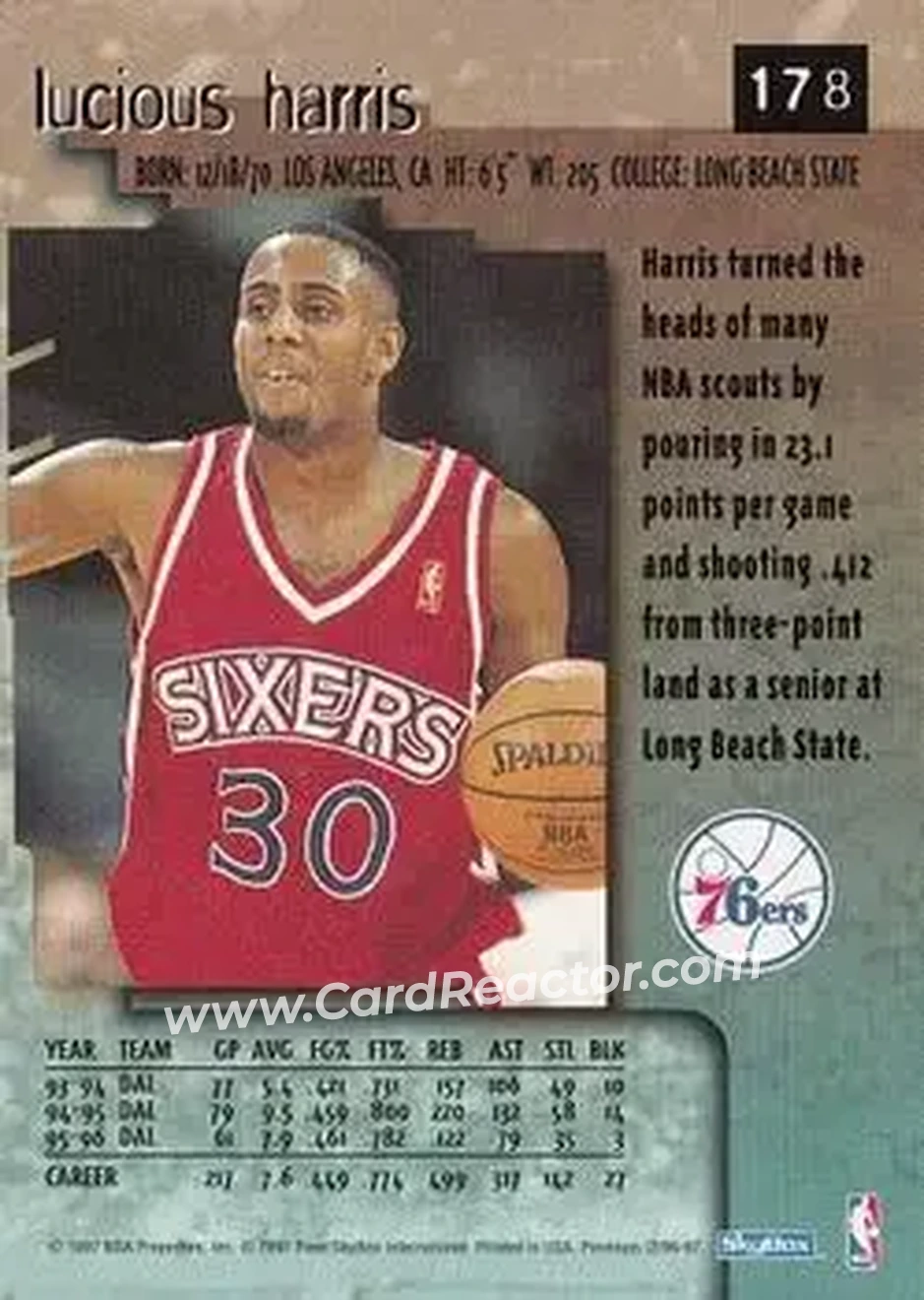 1996-97 SkyBox Premium #178 - Lucious Harris - Philadelphia 76ers - Back 1996-97 SkyBox Premium #178 - Lucious Harris - Philadelphia 76ers - Back