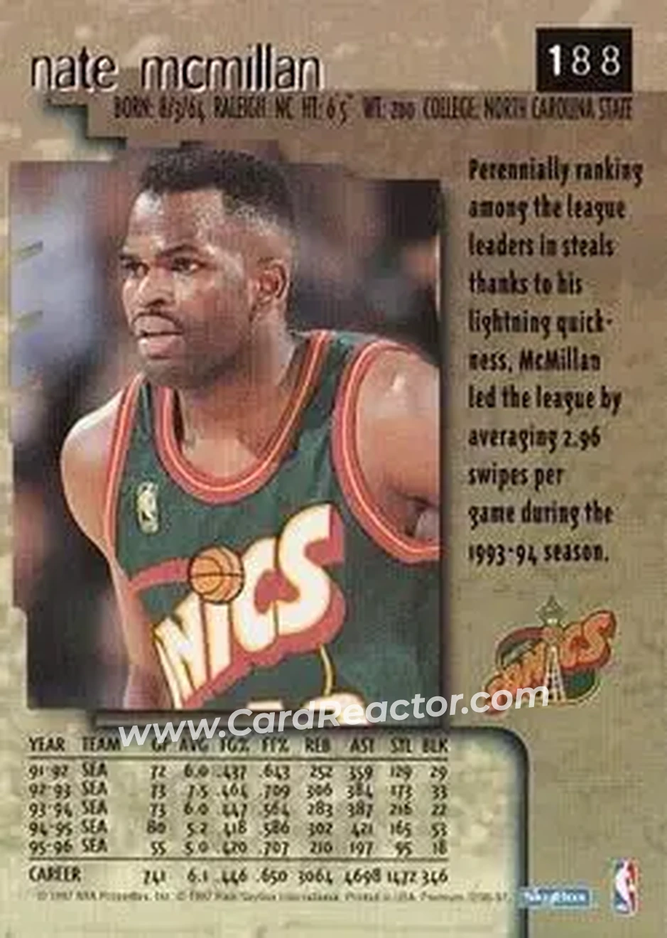 1996-97 SkyBox Premium #188 - Nate McMillan - Seattle SuperSonics - Back