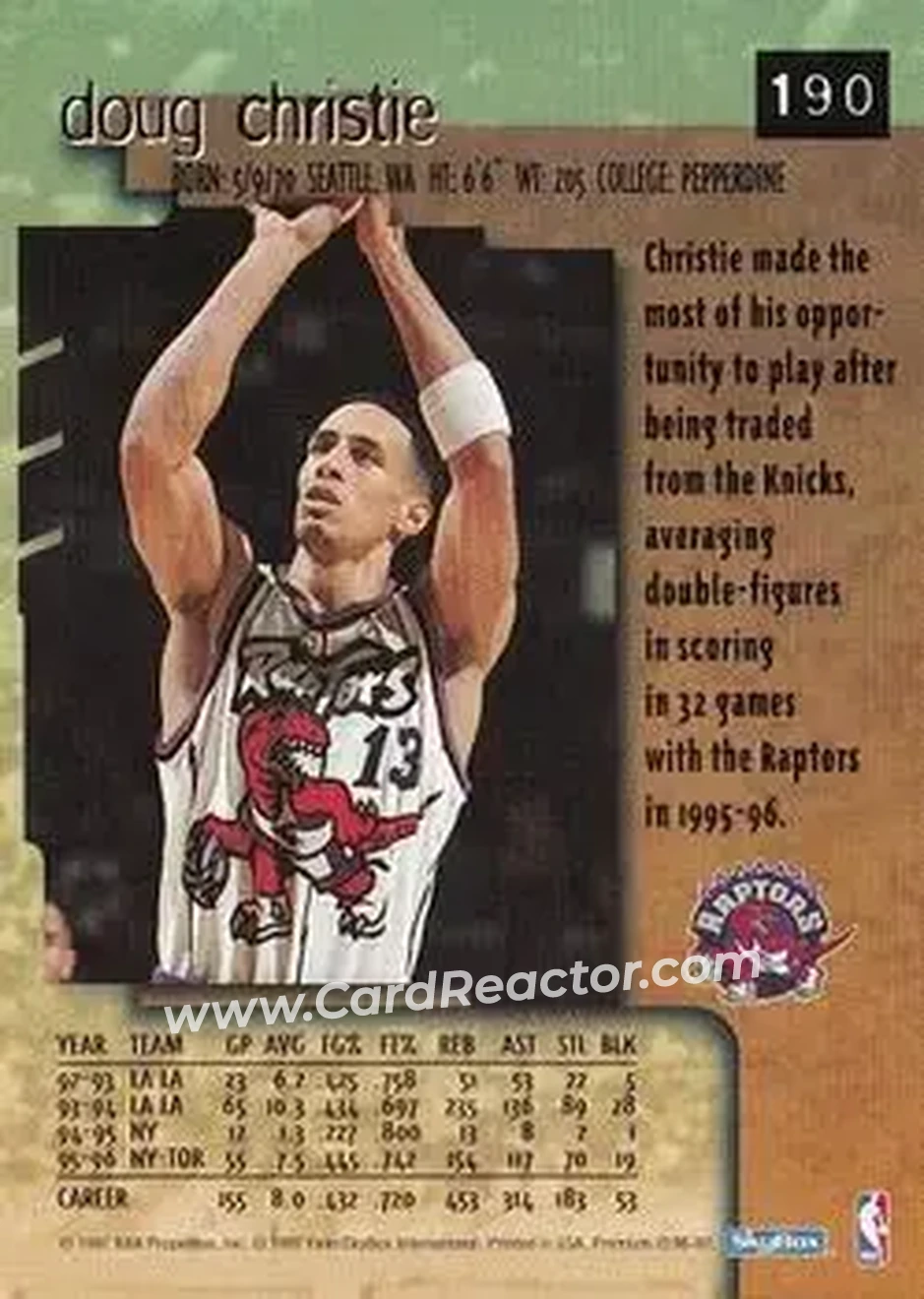 1996-97 SkyBox Premium #190 - Doug Christie - Toronto Raptors - Back