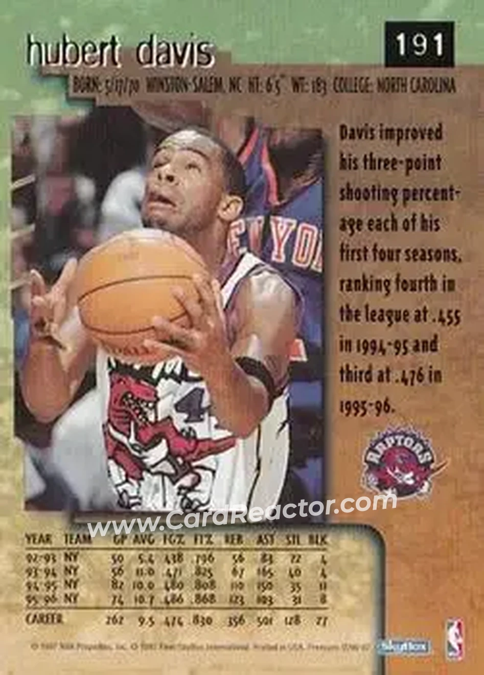 1996-97 SkyBox Premium #191 - Hubert Davis - Toronto Raptors - Back