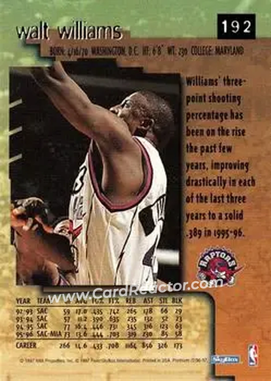 1996-97 SkyBox Premium #192 - Walt Williams - Toronto Raptors - Back