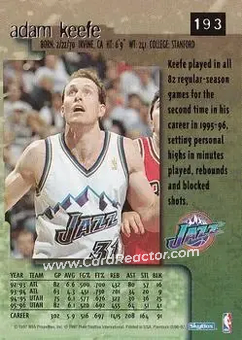 1996-97 SkyBox Premium #193 - Adam Keefe - Utah Jazz - Back