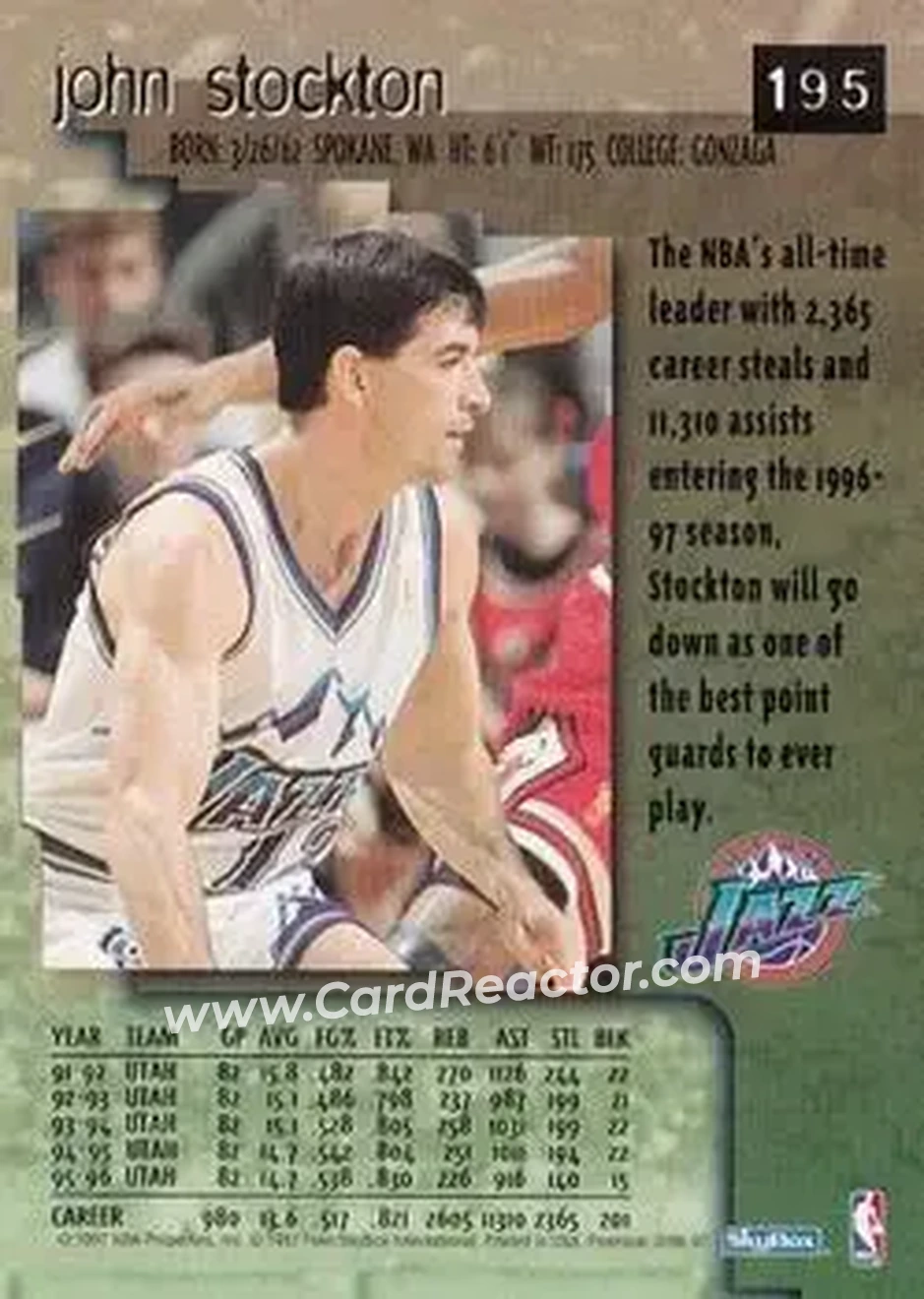 1996-97 SkyBox Premium #195 - John Stockton - Utah Jazz - Back