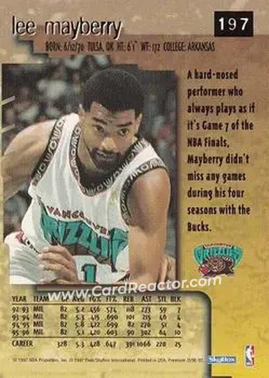 1996-97 SkyBox Premium #197 - Lee Mayberry - Vancouver Grizzlies - Back